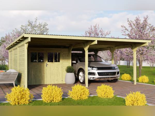 Karibu Doppelcarport ECO mit integriertem Abstellraum 2 und Wände