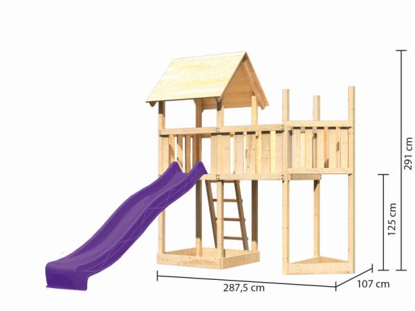 Akubi Spielturm Lotti Satteldach + Rutsche violett + Anbauplattform + Schiffsanbau oben
