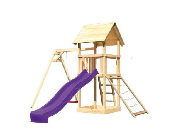 Akubi Spielturm Lotti mit Einzelschaukel, Netzrampe und Rutsche violett