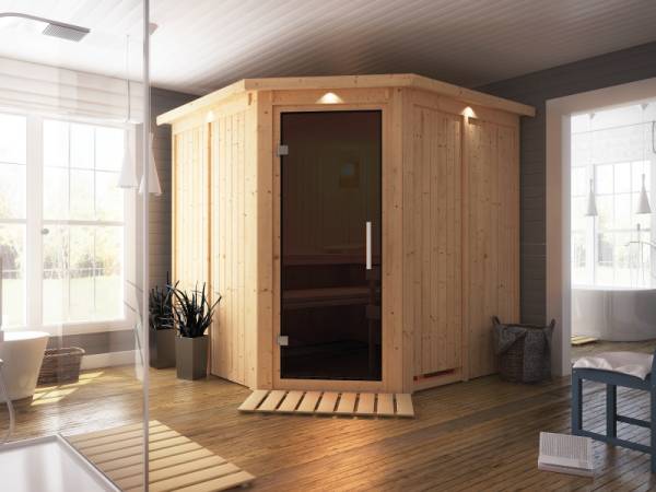 Karibu Sauna Jarin ohne Ofen, mit Dachkranz, mit moderner Saunatür