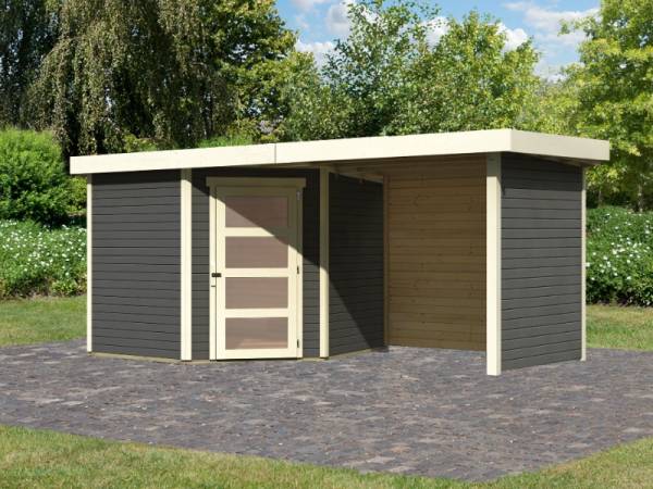 Karibu Gartenhaus Schwandorf 5 terragrau mit Anbaudach 2,25 Meter, Seiten- und Rückwand