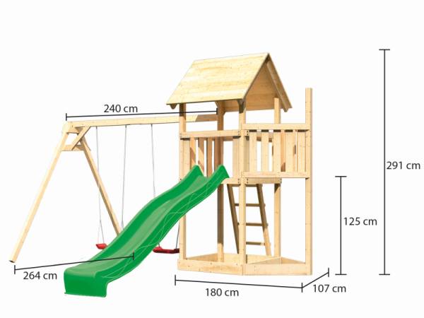 Akubi Spielturm Lotti Satteldach + Schiffsanbau oben + Doppelschaukel + Rutsche in grün