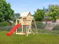 Akubi Stelzenhaus Frieda + Rutsche rot + Einzelschaukel + Netzrampe