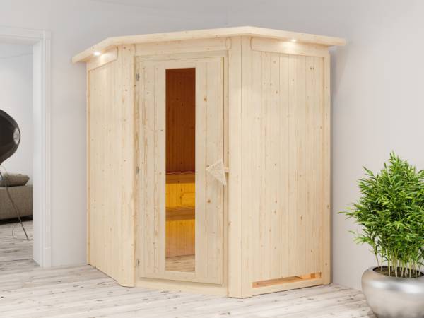 Karibu Sauna Larin inkl. 9 kW Ofen mit interner Steuerung, mit Dachkranz, mit energiesparender Saunatür
