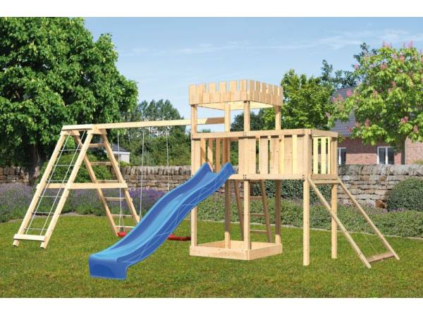 Karibu Ritterburg Löwenherz + Rutsche + Doppelschaukelanbau Klettergerüst + Anbauplattform + Netzrampe