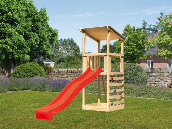 Karibu Spielturm Anna + Rutsche rot + Kletterwand Karibu Spielturm Anna + Rutsche rot + Kletterwand