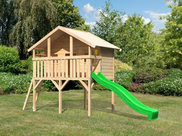 Akubi Spielhaus Sassi mit Rutsche 2,5 m grün und Spielset Akubi Spielhaus Sassi mit Rutsche 2,5 m grün und Spielset