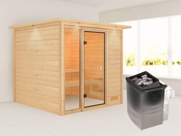 Karibu Sauna Jutta mit 9 kW Ofen integr. Strg und Dachkranz 38 mm Karibu Sauna Jutta mit 9 kW Ofen integr. Strg und Dachkranz 38 mm