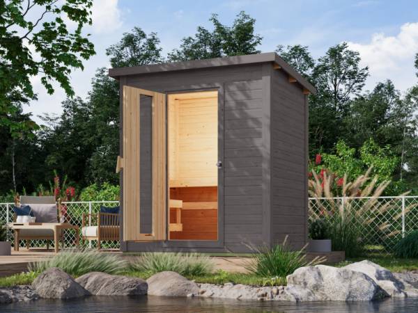 Karibu Saunahaus Hytti 1  38 mm terragrau- inkl. 9 kW Ofen ext. Steuerung - mit Energiespartür und Fußboden