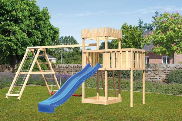 Karibu Ritterburg Löwenherz + Rutsche + Doppelschaukelanbau Klettergerüst + Anbauplattform Karibu Ritterburg Löwenherz + Rutsche + Doppelschaukelanbau Klettergerüst + Anbauplattform
