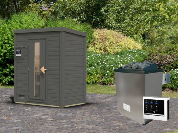 Karibu Saunahaus Hytti 0  38 mm - Ofen 9kW ext. Strg. - Iso Tür, terragrau