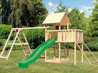 Akubi Spielturm Lotti Satteldach + Rutsche grün + Doppelschaukelanbau Klettergerüst + Anbauplattform