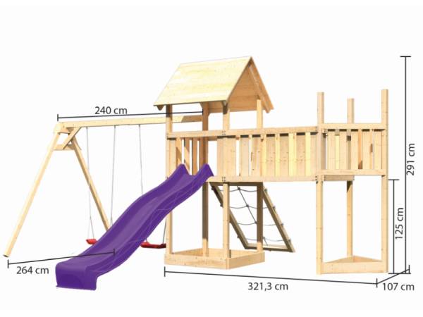 Akubi Spielturm Lotti Satteldach + Schiffsanbau oben + Doppelschaukel + Anbauplattform XL + Netzramp
