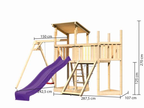 Akubi Spielturm Anna + Rutsche violett + Einzelschaukel + Anbauplattform + Netzrampe + Schiffsanbau