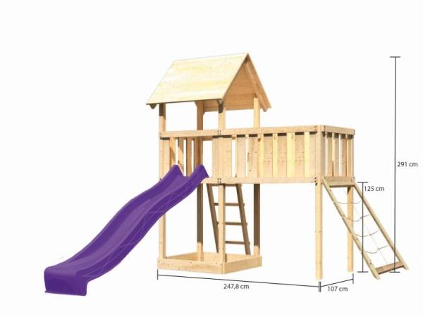 Akubi Spielturm Lotti natur mit Anbauplattform XL, Netzrampe und Rutsche violett