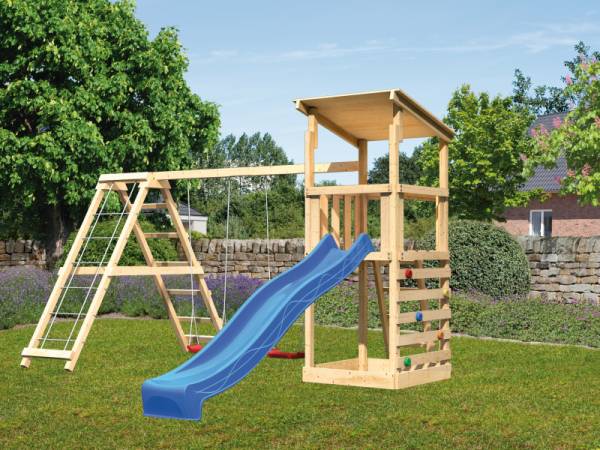 Karibu Spielturm Anna + Rutsche blau + Doppelschaukelanbau Klettergerüst + Kletterwand Karibu Spielturm Anna + Rutsche blau + Doppelschaukelanbau Klettergerüst + Kletterwand