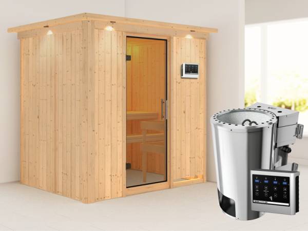Fanja - Karibu Sauna Plug & Play 3,6 kW Bio Ofen, ext. Steuerung - mit Dachkranz - Klarglas Ganzglastür