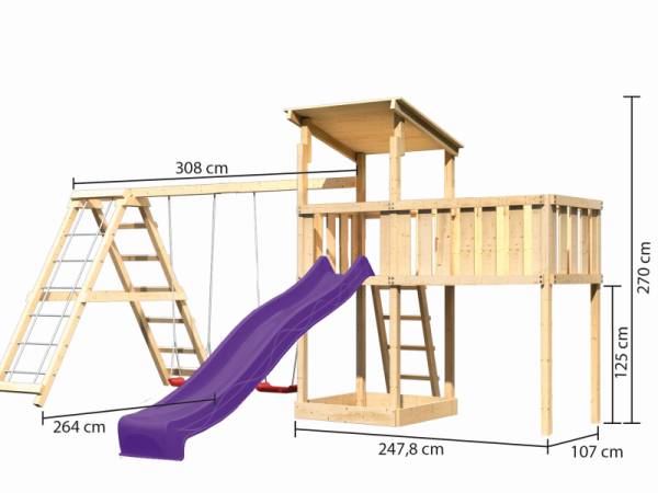 Akubi Spielturm Anna + Rutsche violett + Doppelschaukelanbau Klettergerüst + Anbauplattform XL