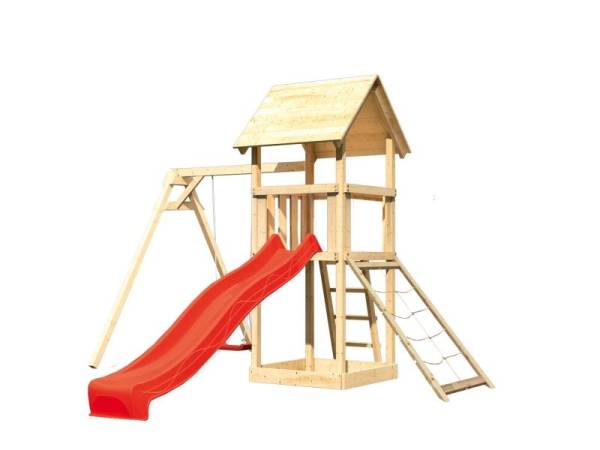 Akubi Spielturm Lotti mit Einzelschaukel, Netzrampe und Rutsche rot