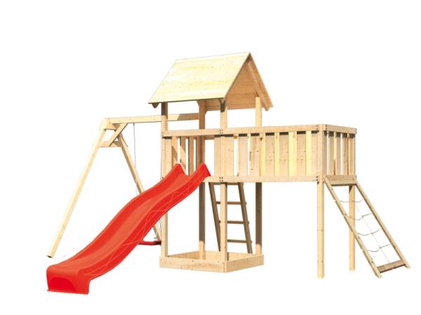 Akubi Spielturm Lotti Satteldach + Rutsche rot + Einzelschaukel + Anbauplattform XL + Netzrampe