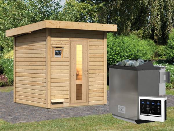 Karibu Saunahaus Hytti 2  38 mm - inkl. 9 kW Bioofen ext. Steuerung - mit Energiespartür und Fußboden