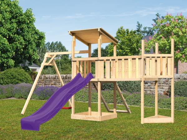 Akubi Spielturm Anna + Rutsche violett + Einzelschaukel + Anbauplattform XL + Netzrampe + Schiffsanb