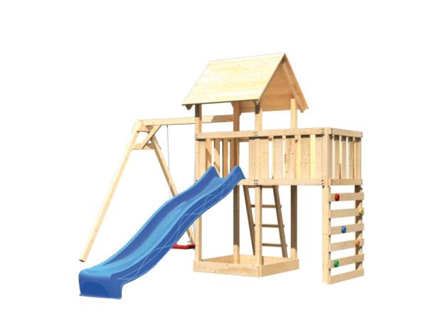 Akubi Spielturm Lotti Satteldach + Rutsche blau + Einzelschaukel + Anbauplattform + Kletterwand