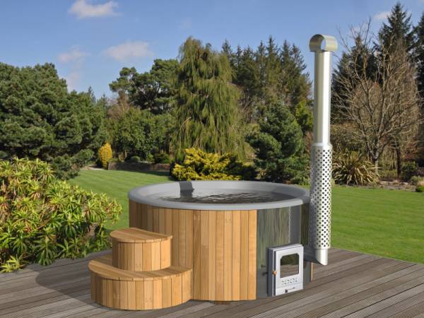 Wolff Finnhaus Badebottich Hot Tub de luxe 200 cm mit grauem GFK-Einsatz, integriertem Außenofen und Thermoabdeckung