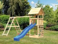 Akubi Spielturm Lotti- Doppelschaukel mit Klettergerüst, Kletterwand und Rutsche in blau