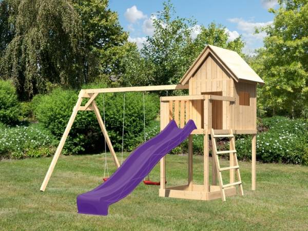 Akubi Spielhaus Frieda mit Doppelschaukel und Rutsche in violett Akubi Spielhaus Frieda mit Doppelschaukel und Rutsche in violett