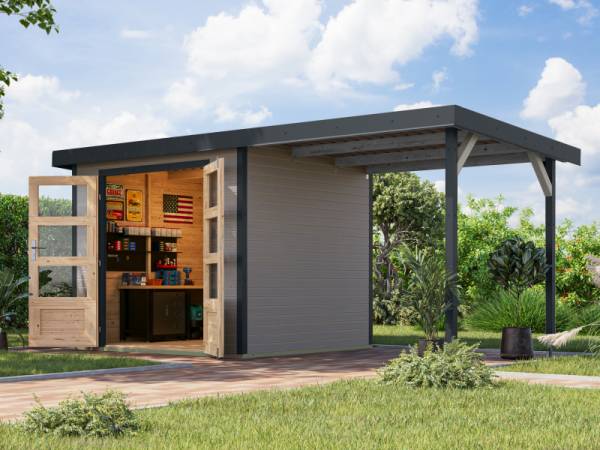 Karibu Hybrid Gartenhaus Jupiter 3 D wassergrau/anthrazit inkl. 2,35 m Anbaudach
