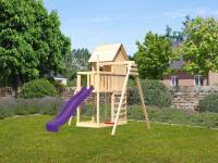 Akubi Stelzenhaus Frieda + Rutsche violett + Einzelschaukel + Kletterwand