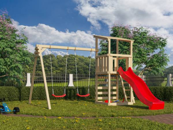 Karibu Spielturm Anna + Rutsche rot + Doppelschaukel + Kletterwand Karibu Spielturm Anna + Rutsche rot + Doppelschaukel + Kletterwand