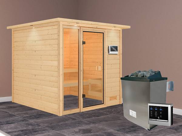 Karibu Sauna Jutta mit 9 kW Ofen ext. Strg und Dachkranz 38 mm Karibu Sauna Jutta mit 9 kW Ofen ext. Strg und Dachkranz 38 mm