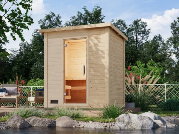 Karibu Saunahaus Caapi 2, inkl. 9 kW Ofen integr. Steuerung, mit Klarglastür und Fußboden