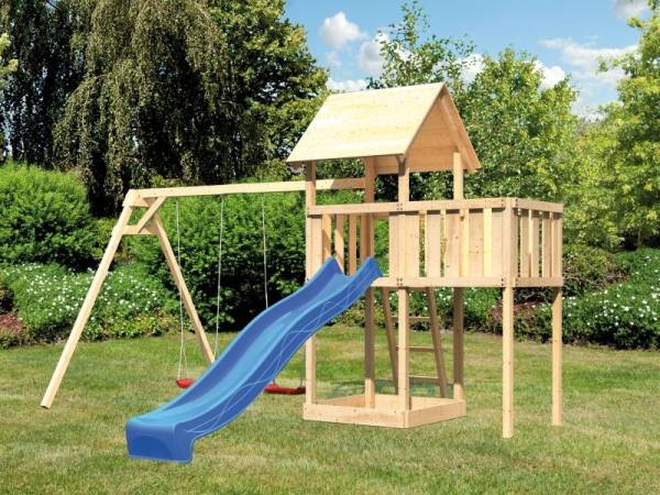 Karibu Spielturm Lotti natur- Anbauplattform- Doppelschaukel- Rutsche blau Karibu Spielturm Lotti natur- Anbauplattform- Doppelschaukel- Rutsche blau