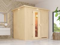 Karibu Energiesparsauna Benin ohne Ofen, mit Dachkranz, mit energiesparender Saunatür