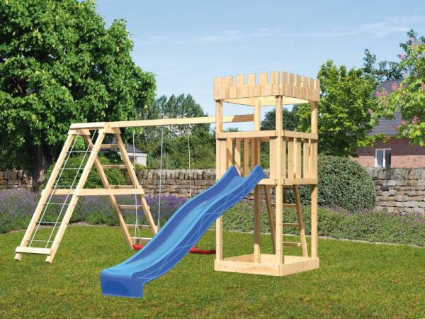 Karibu Ritterburg Löwenherz + Rutsche blau + Doppelschaukelanbau Klettergerüst Karibu Ritterburg Löwenherz + Rutsche blau + Doppelschaukelanbau Klettergerüst