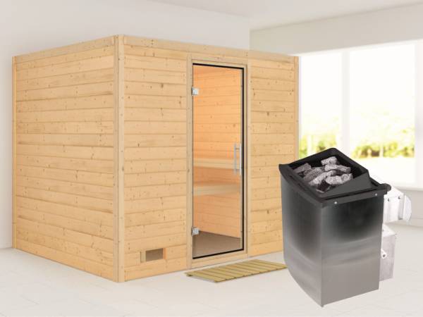 Karibu Sauna Sonara inkl. 9 kW Ofen mit int. Steuerung, ohne Dachkranz, mit Klarglas Ganzglastür