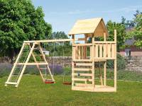 Akubi Spielturm Lotti Satteldach + Schiffsanbau oben + Doppelschaukel mit Klettergerüst + Kletterwan