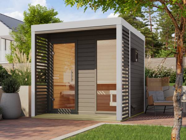 Karibu Hybrid Saunahaus Ares 2, terragrau/weiß -ohne Ofen-