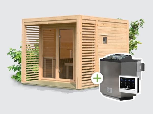 Osb smart choice Saunahaus Patio 3, 38 mm naturbelassen -inkl. 9 kW Bioofen ext. Steuerung- inkl. Dacheindeckung und Fußboden