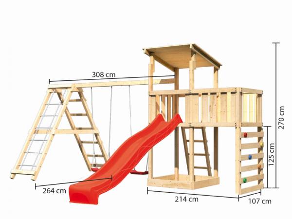 Akubi Spielturm Anna + Rutsche rot + Doppelschaukelanbau Klettergerüst + Anbauplattform + Kletterwan