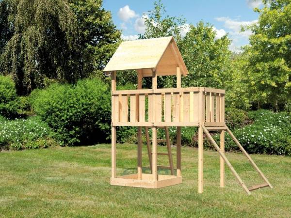 Karibu Spielturm Lotti natur mit Anbauplattform und Netzrampe Karibu Spielturm Lotti natur mit Anbauplattform und Netzrampe