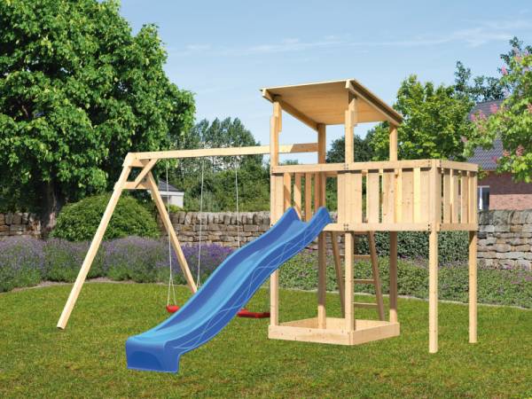 Karibu Spielturm Anna + Rutsche blau + Doppelschaukel + Anbauplattform Karibu Spielturm Anna + Rutsche blau + Doppelschaukel + Anbauplattform