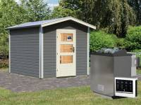 Karibu 38 mm Saunahaus Bosse 1 terragrau mit Vorraum - 9 kW Bio Ofen, ext. Steuerung - Moderne Saunatür