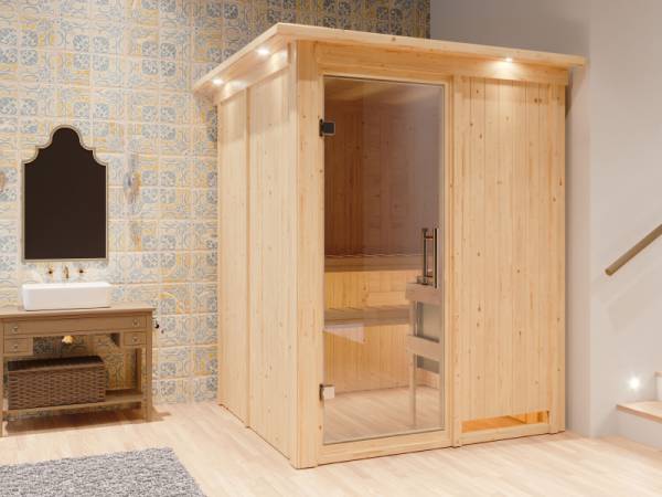 Karibu Sauna Norin inkl. 9 kW Bioofen mit externer Steuerung, Klarglas-Ganzglastür -mit Dachkranz-