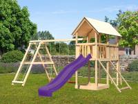 Akubi Spielturm Danny Satteldach + Rutsche violett + Doppelschaukelanbau Klettergerüst + Netzrampe
