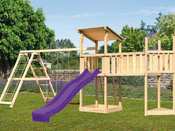 Akubi Spielturm Anna + Rutsche violett + Doppelschaukelanbau Klettergerüst + Anbauplattform XL + Sch