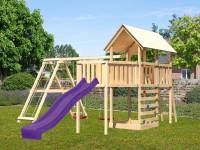 Akubi Spielturm Danny Satteldach + Rutsche violett + Doppelschaukelanbau Klettergerüst + Anbauplattf
